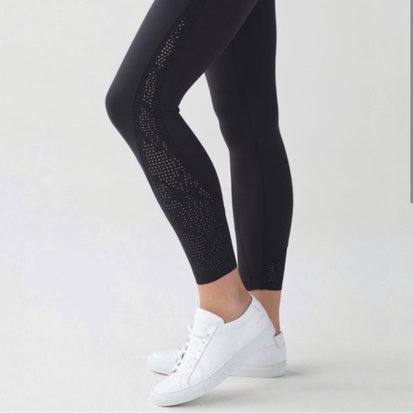 LULULEMON High Times Pants Crop Black Perforated Laser Cut Mesh Rise Near Mint - Picture 7 of 15